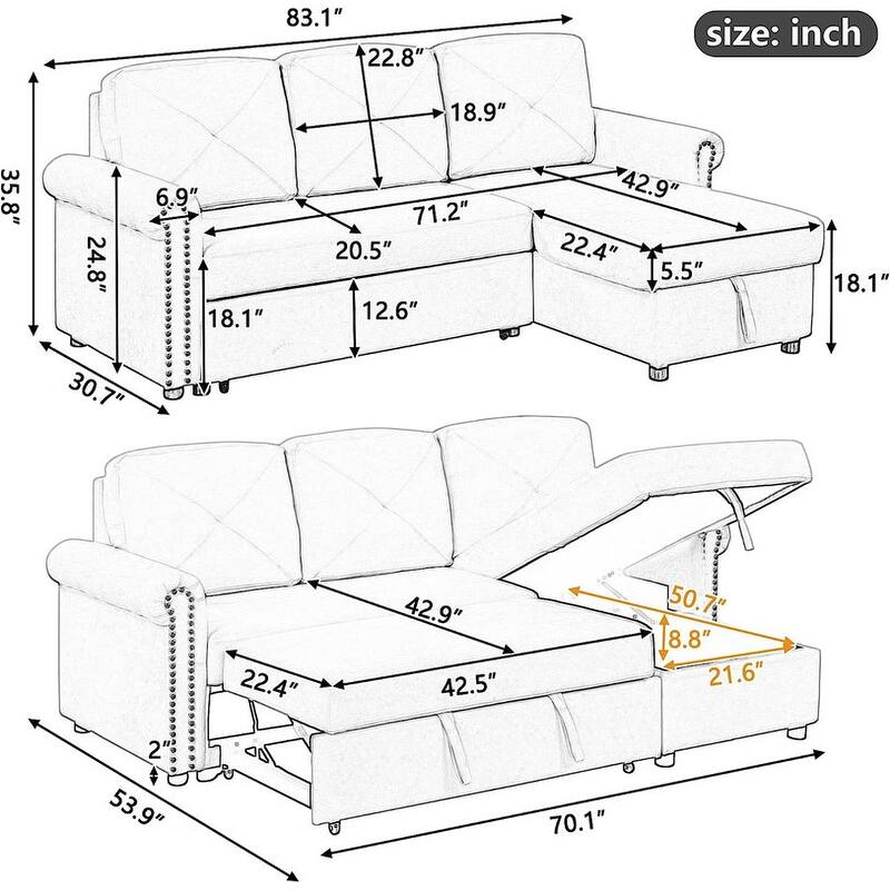 83" Modern Sleeper Sofa Bed, Convertible Sectional Couch, 3Seater L
